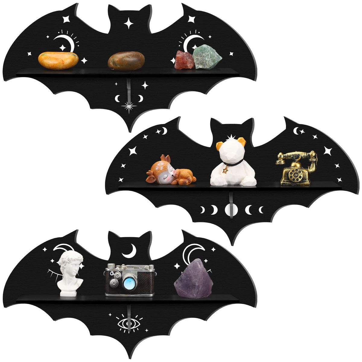 Geetery 3 Pcs Bat Shelf Gothic Decor Witchy Crystal Shelf Spooky Coffin Wall Hanging with Hooks Floating Black Wooden Room Decor for Crystal Keys