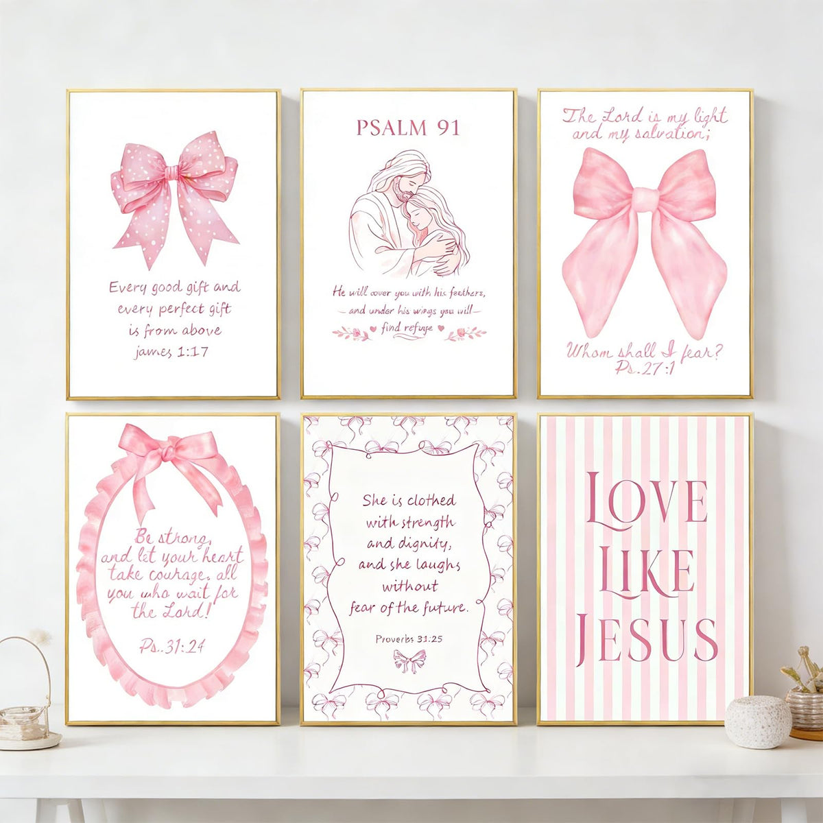 Pink Christian Wall Art Decor Posters Pink bow scriptures Inspirational Bible Wall Decor Room Bedroom Bathroom Dorm Wall Art Decor for College Teen Girls Gifts 10x8 Inch Set of 6pc Pictures UNFRAMED