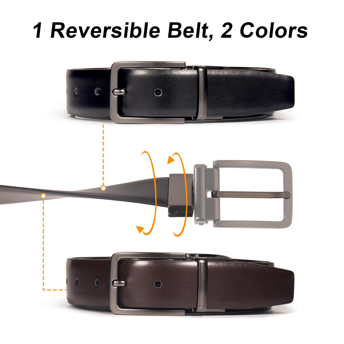 DENGFENGZHE Men's Belt Reversible Belt Men 1 Piece - 1 3/8" Leather Dress Belt - Trim to Fit for Elegant Style (Black/Brown (Burnished), 28"-30" Waist Adjustable)