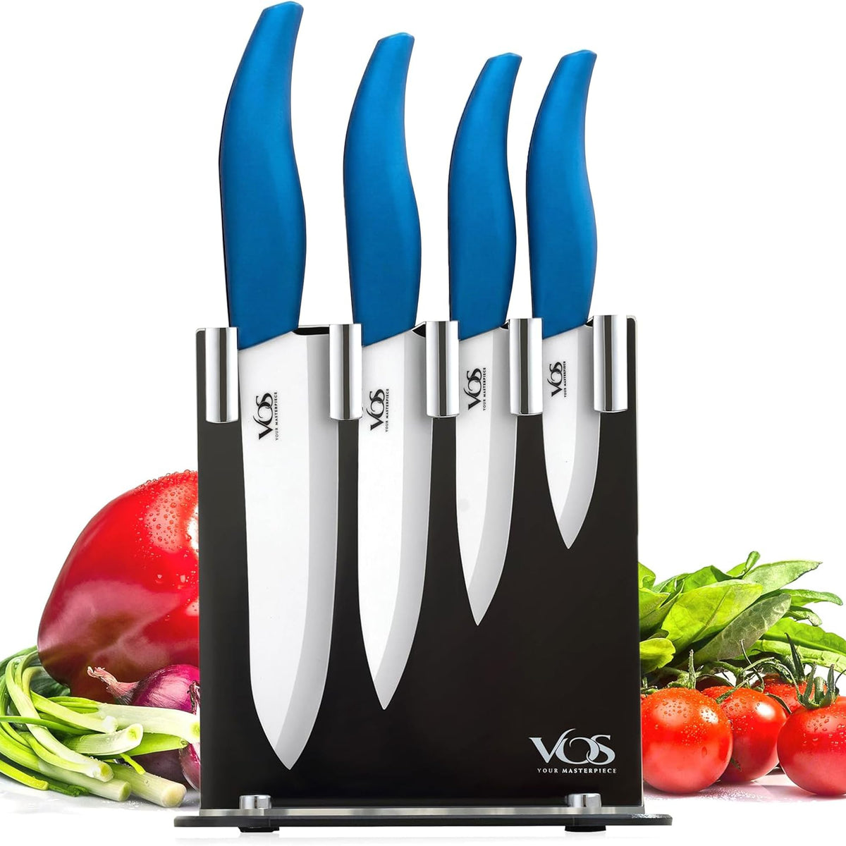 Vos Ceramic Knife Set with Block, Ceramic Knives Set For Kitchen, Ultra Sharp Kitchen Knife Set with Covers, 3" 4" 5" 6" Chef Knife, Utility, Paring & Versatile, Lightweight, Dishwasher safe (Blue)