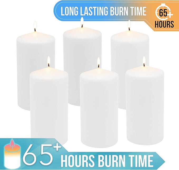 Stonebriar Unscented White Tall Pillar Candles, 65 Hour Burning Candle Pillars, Perfect for Decor, Weddings, Emergencies 3" X 6", 6 count