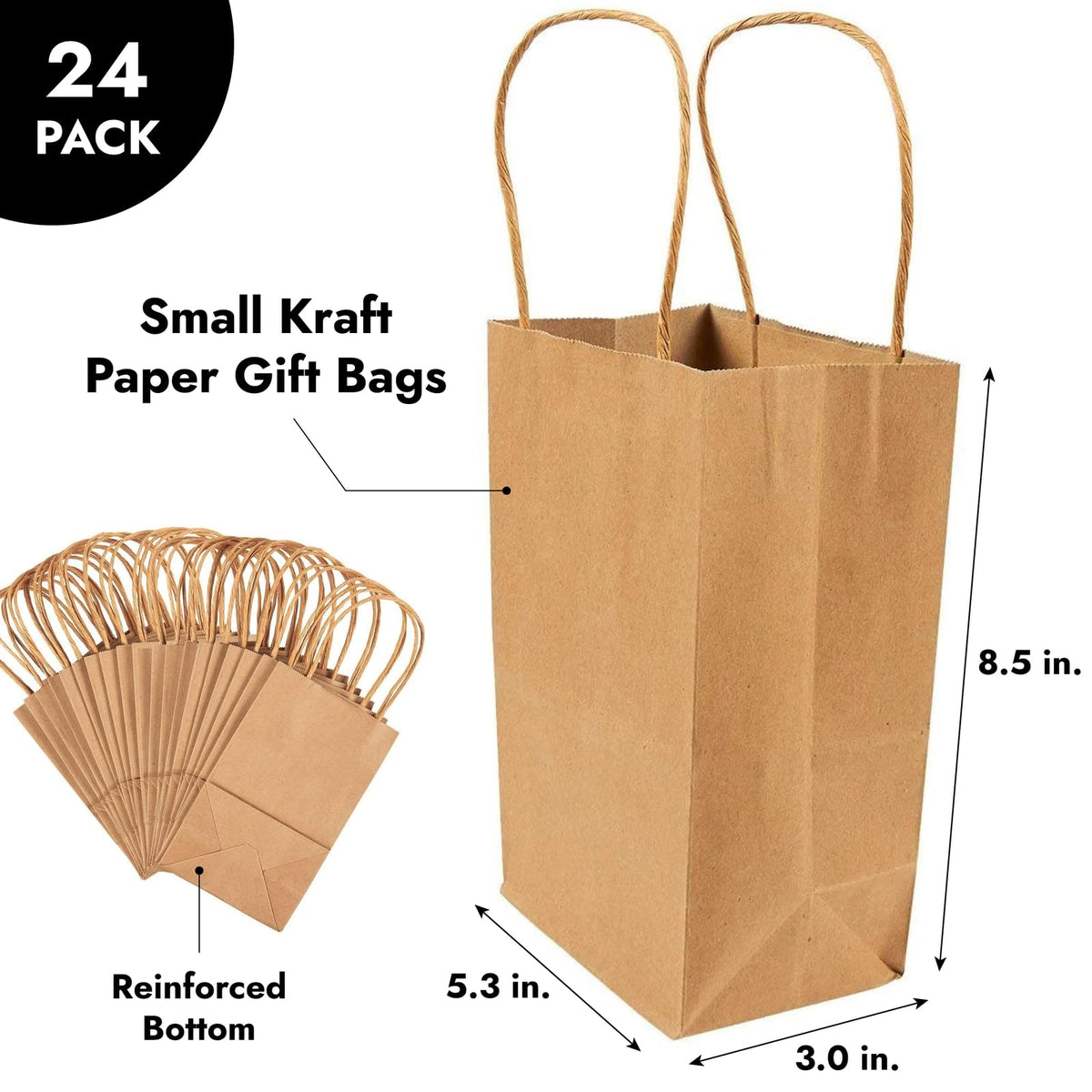 Juvale Brown Paper Gift Bags with Handles - 24-Pack - 5.3 x 3 x 8.5 in - Reusable Grocery & Retail Shopping Totes - Party Favor & Goodie Bags