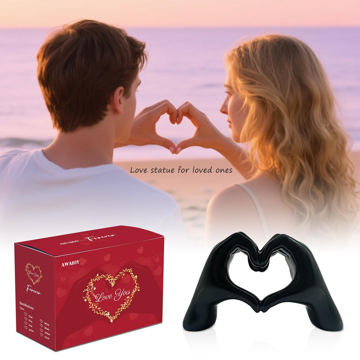 AWAIOY Black Heart Hands Sculpture Medium 6.9" Resin Love Statue, Modern Dark Aesthetic Shelf Decor for Teen Bedroom, Unique Romantic Figurine Gifts for Women Him Art