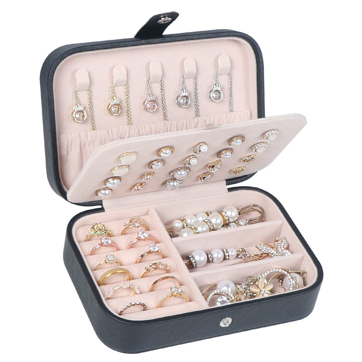 Hatori Travel Jewelry Box, PU Leather Small Jewelry Organizer for Women Girls, Portable Mini Travel Case Display Storage Holder Boxes for Stud Earrings, Rings, Necklaces, Bracelets (Black Beige)