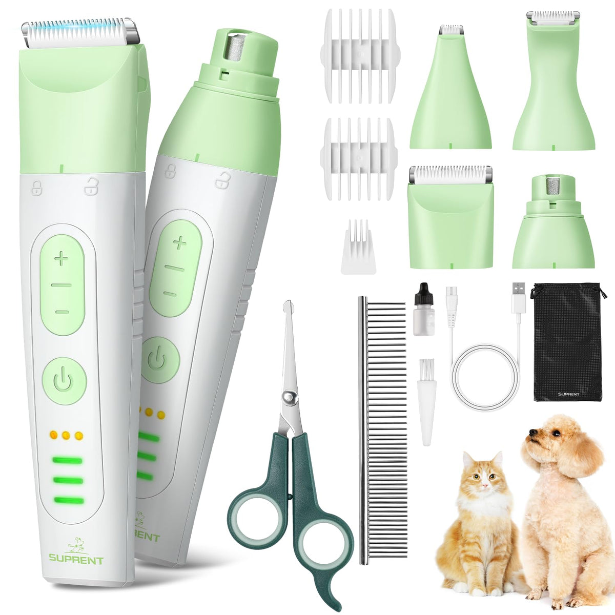 SUPRENT Dog Grooming Kit, 4 in 1 Dog Clippers for Grooming Supplies, Cordless Electric Pet Nail Grinder Cat Paw Trimmer Professional Long Hair Shaver Set for Cat Matted Hair and Small Dogs Thick Coats
