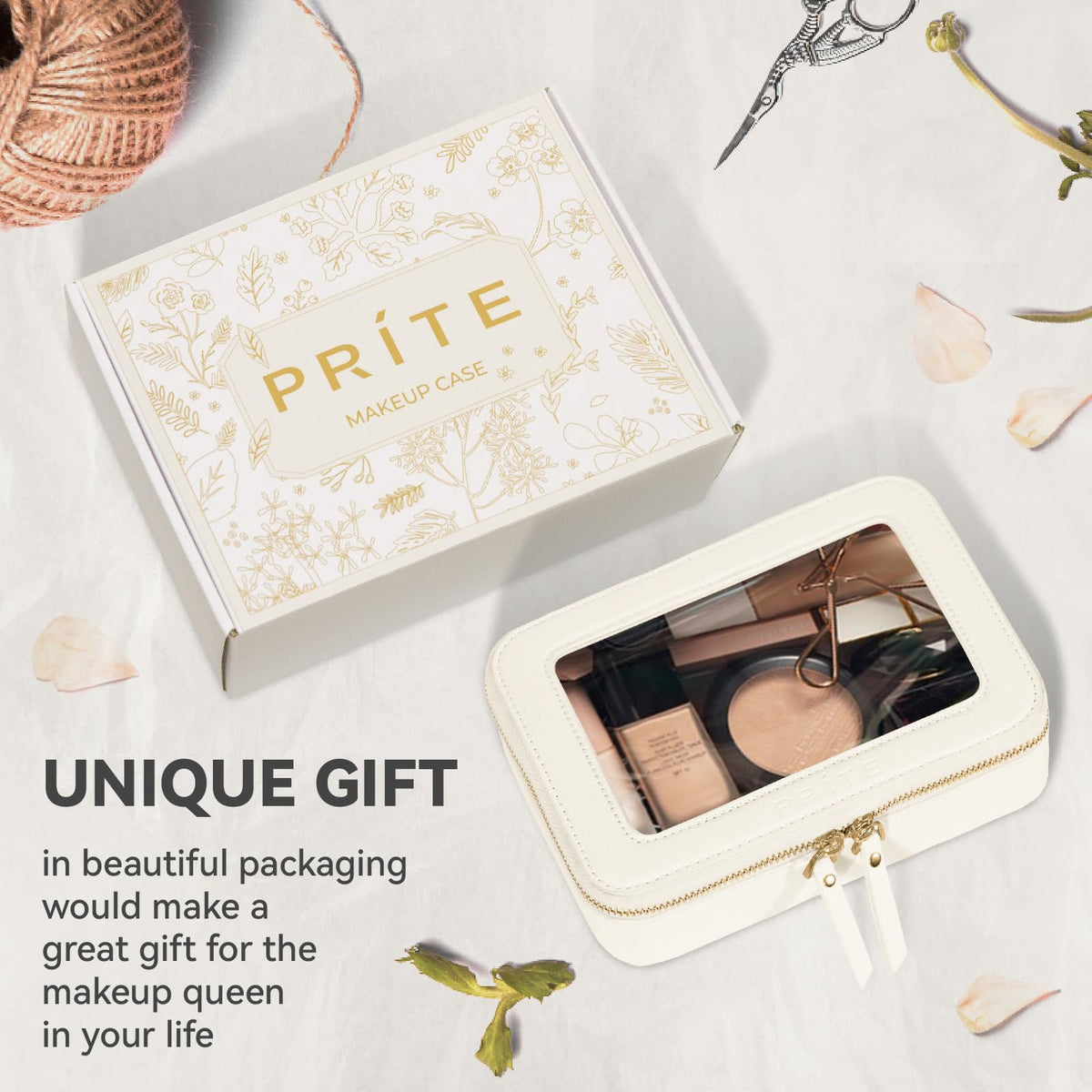 Prite Clear Makeup Bag Cosmetic Organizer Case Waterproof Travel Toiletry Bag Skincare Pouch with Golden Zipper(Beige)