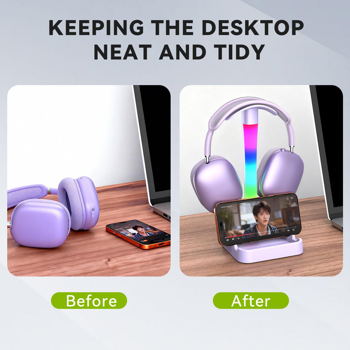 Tascaquin Headphone Stand with Charger,Gaming Headset stand with RGB Light Mode,For Airpod Max Stand,Desk Lamp,Phone Holder,Tablet Holder,desktop organizer,Gifts for Gamers & Music Lover (Purple)