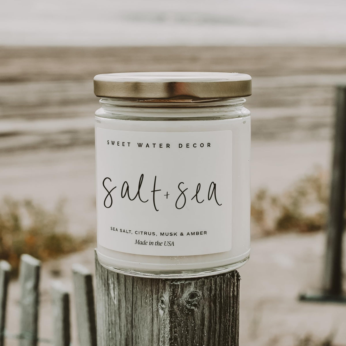 Sweet Water Decor Salt and Sea Candle - Sea Salt, Citrus, Amber, Musk, Beach Scented Soy Candles for Home - Coastal Decor for Beach Lovers - 9oz Clear Jar, 40 Hour Burn Time, Made in The USA