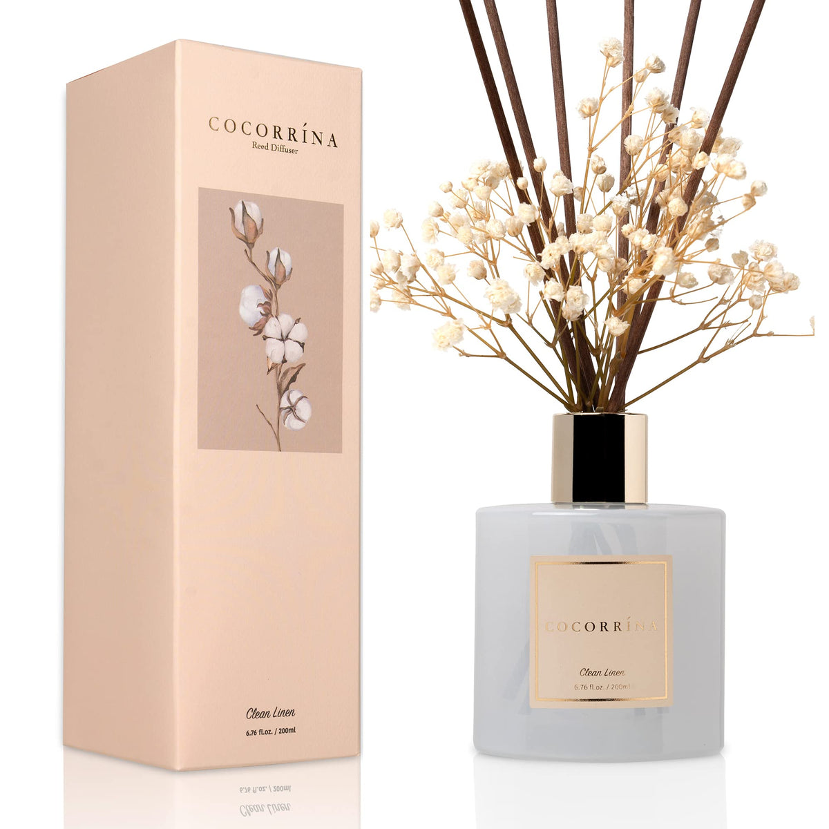 Cocorrína Reed Diffuser Set, Clean Linen 6.7 fl oz Scented Diffuser with Sticks Home Fragrance Reed Diffuser for Bathroom Shelf Decor