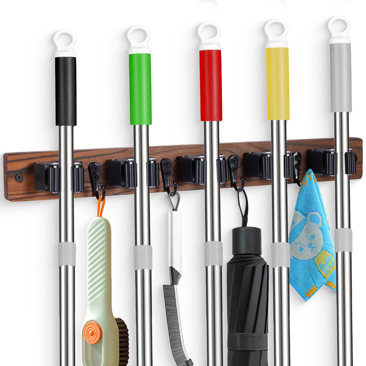 FunCee Broom Holder Wall Mount With 5 Slots & 4 Hooks，Rustic Wood Broom & Mop Hanger，Wall Mounted Garden & Garage Tool Storage Organizer Rack for Closet Laundry Room or Kitchen Wall Decor