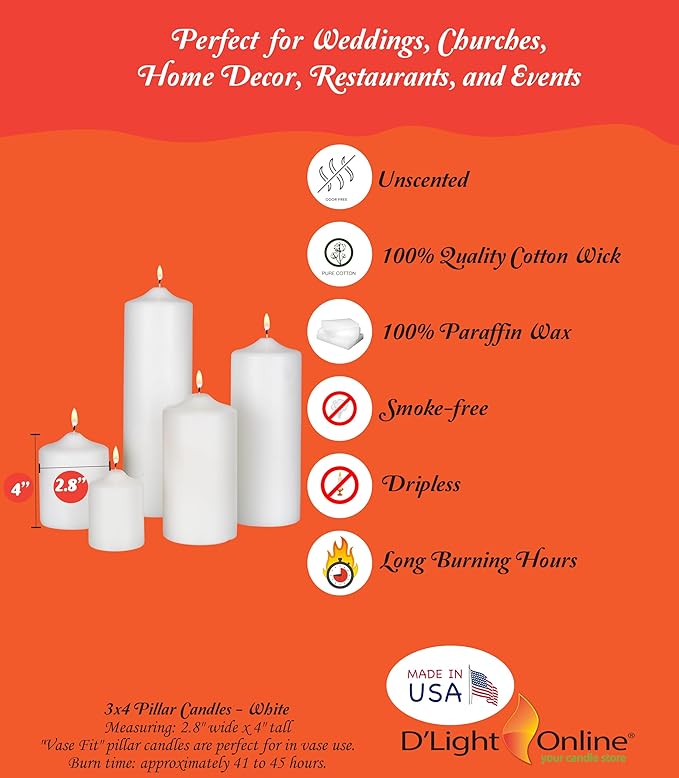 3 X 4 Inch Pillar Candles Set of 12 Bulk Event Pack Round Unscented Premium Wax White Pillar Candles for Wedding, Spa, Party, Birthday, Holiday, Bath, Home Decor (3X4 White)