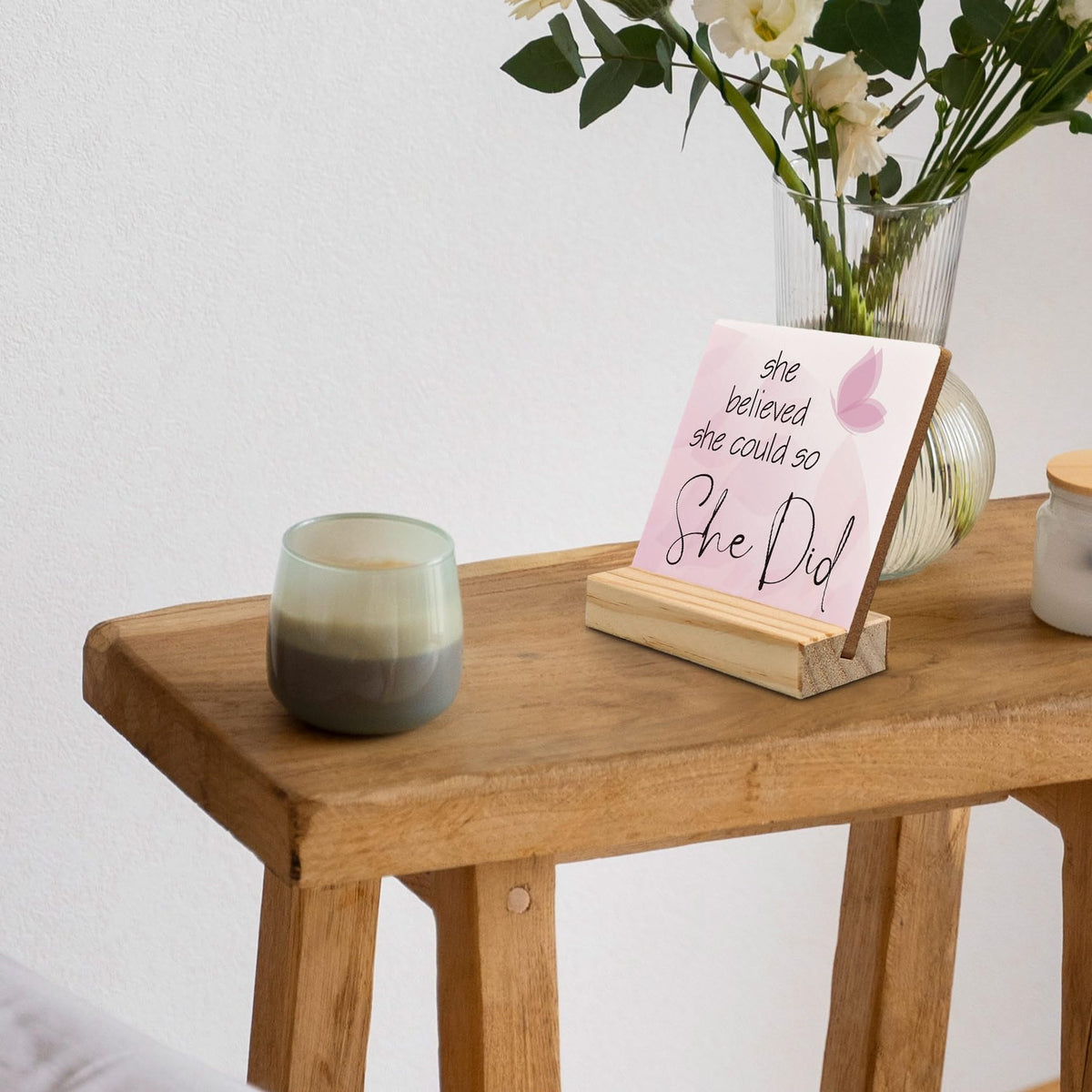 ANIANG Inspirational Desk Decor, Motivational Quote Wood Plaque, Inspirational Positive Gifts for Women,Pink She Believed She Could So She Did Wooden Plaque Sign with Wood Stand for Home Office Decor