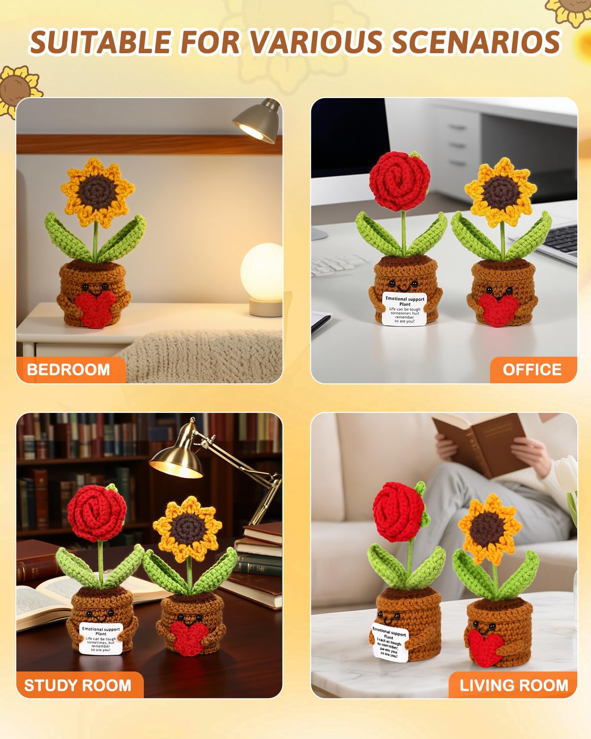 Argefkeen 2pcs Knitted Flowers Sunflower Gifts for Women Handmade Knitted Planters with Card Gifts Birthday Gifts for Women Mom Family Friend Teacher Coworker Xmas Party (2pcs)