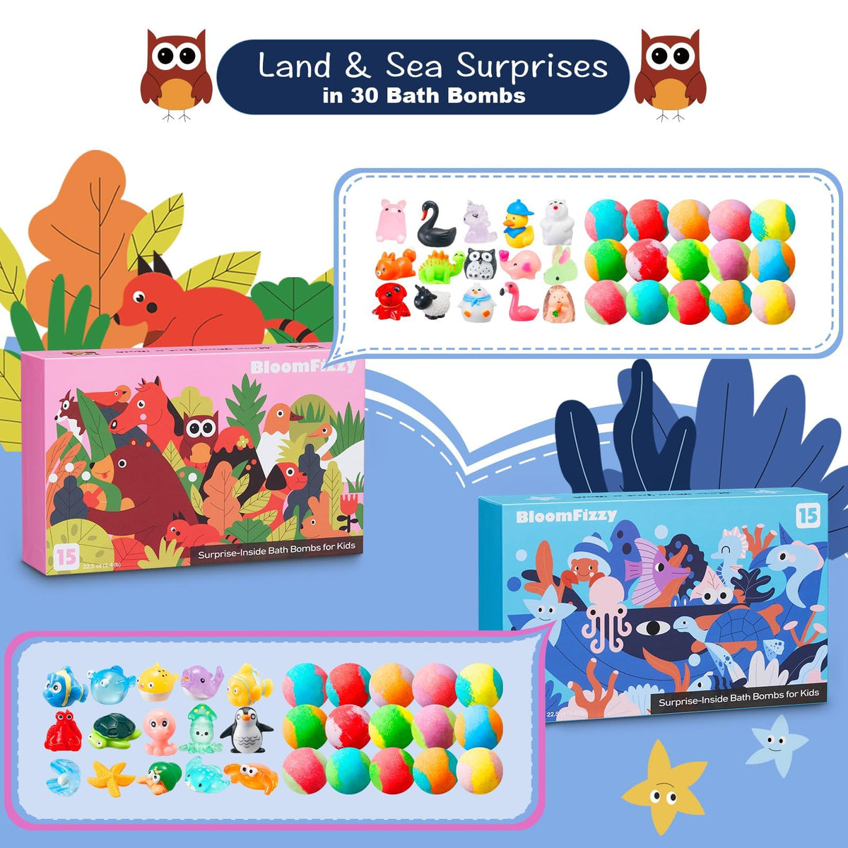 30 Kids Bath Bombs with Surprise Inside – Gift Set with 30 Unique Land & Sea Animal Toys, Fun, Educational, and Child-Safe Natural Bath Bombs with Toys, Great Gift for Kids’ Birthdays & Christmas