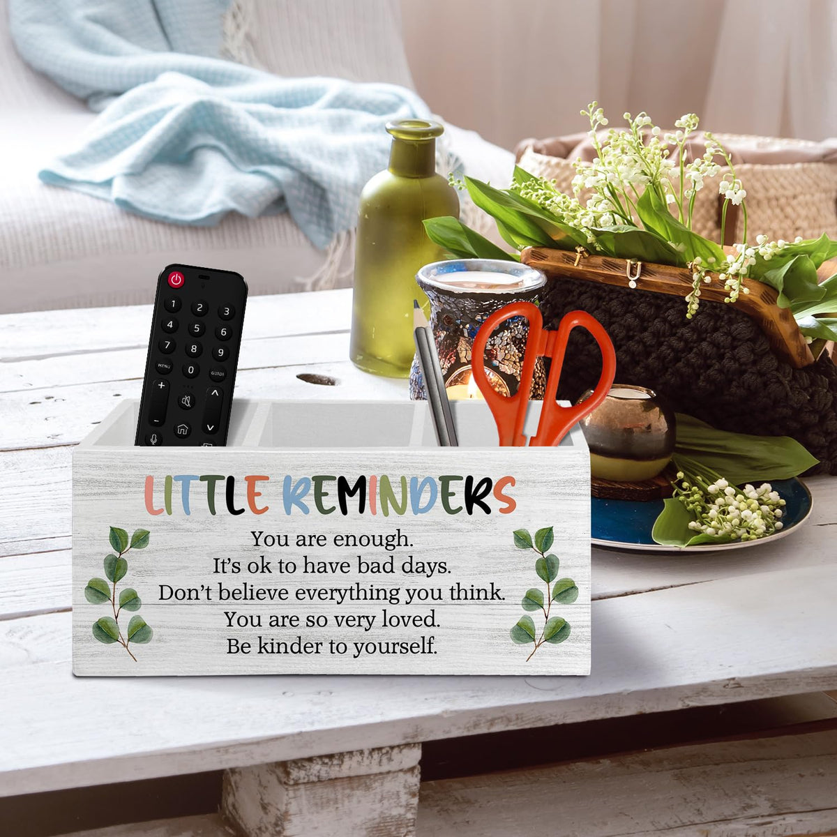 XLDLIOO Little Reminders Inspirational Pen Pencil Holder Organizer for Desk Accessories, Mental Health Motivational Wooden Box Sign Desk Decor for Home Office Decoration, Positive Gifts