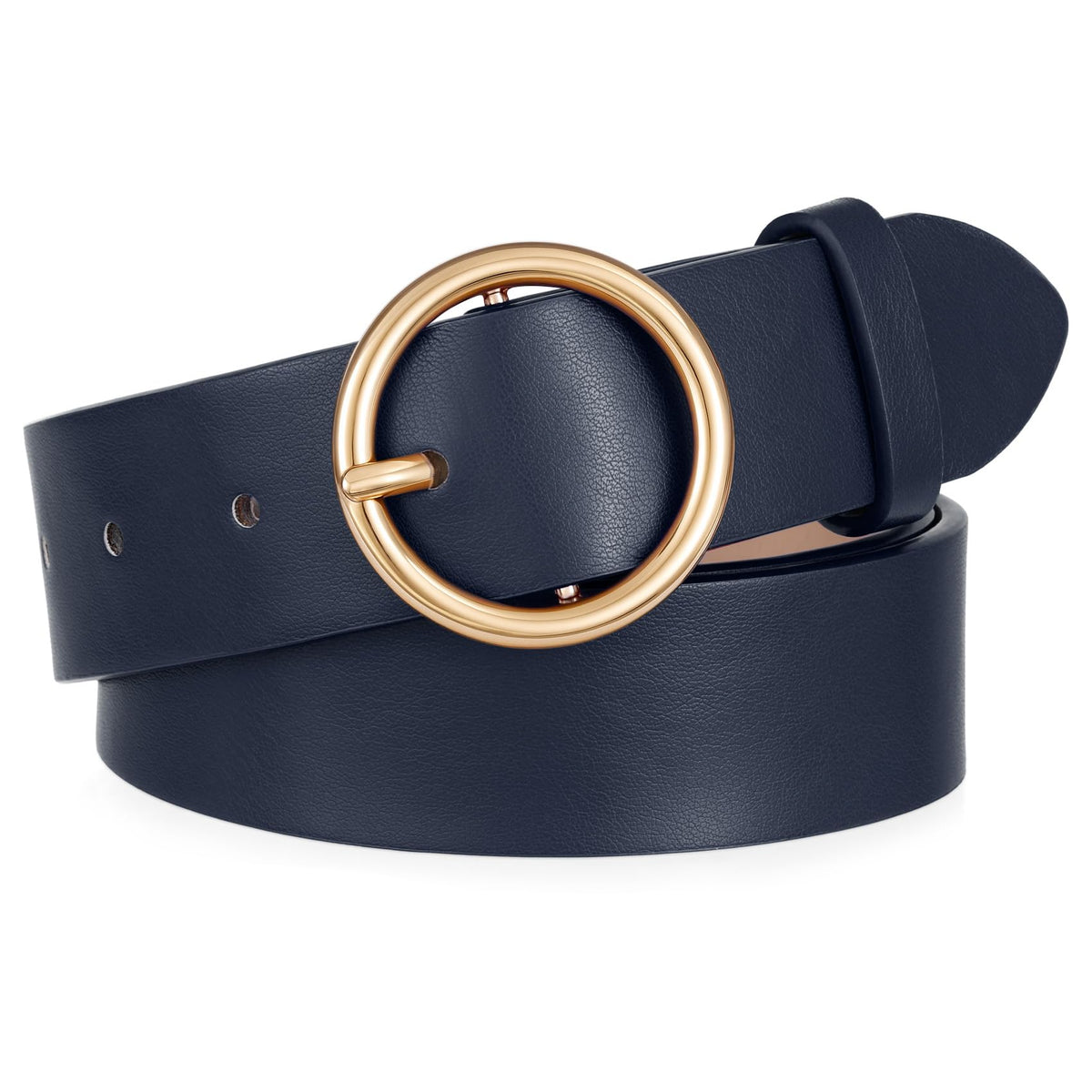 XZQTIVE Women Leather Belt with Circle Gold Buckle Fashion Ladies Waist Belt for Jeans Pants Dresses，Navy