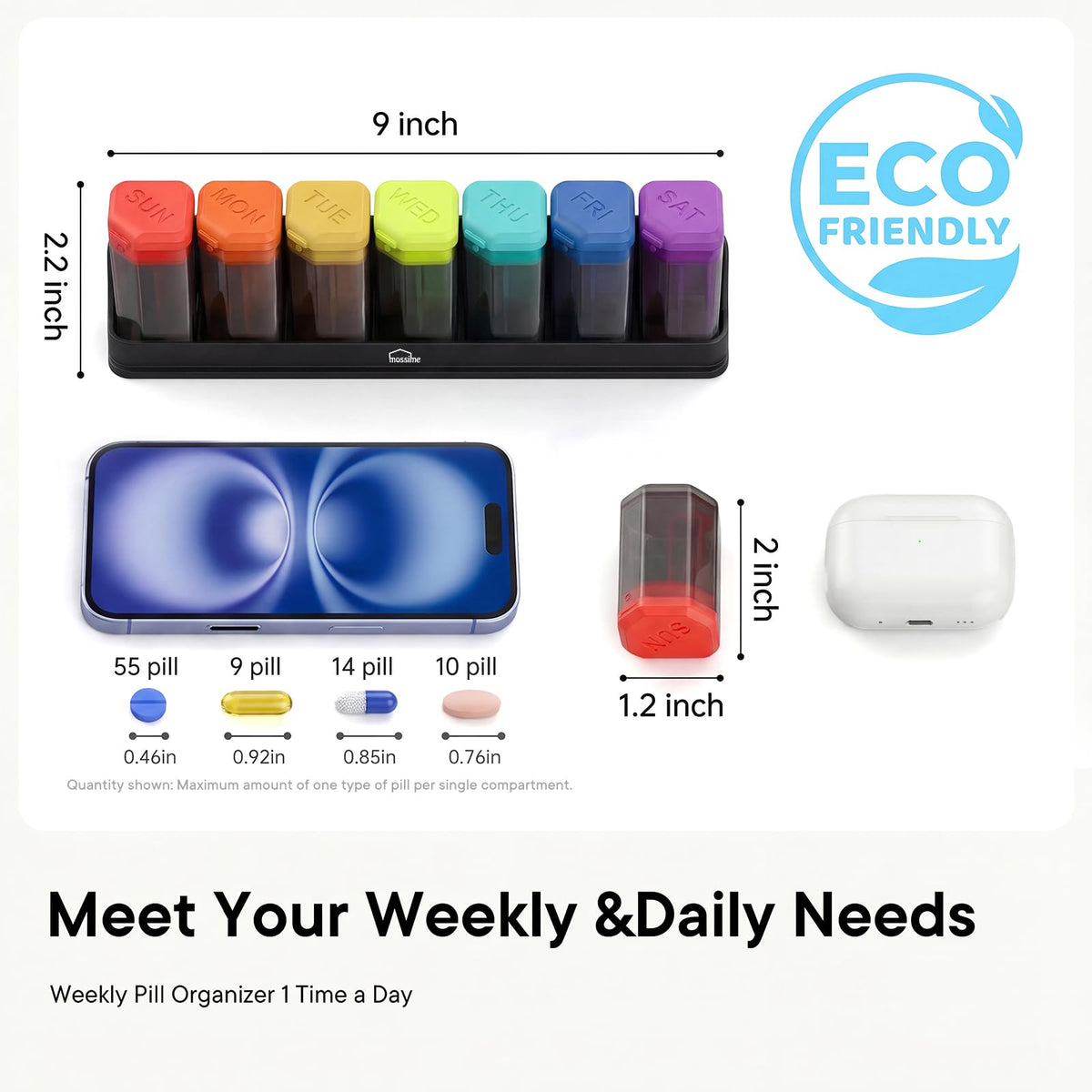Large Weekly Pill Organizer 1 Time a Day, BPA-Free Pill Dispenser, 7 Day Removable Pill Box with Silicone Lids, Spill Proof Travel Case for Vitamins, Supplements & Daily Medication