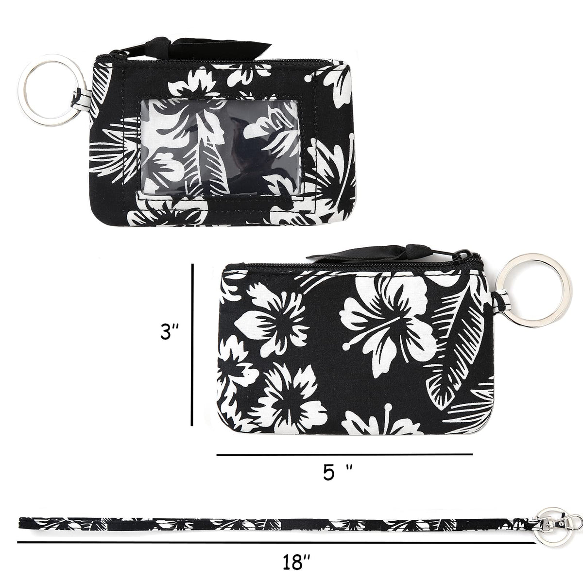 WONDERFUL FLOWER Lanyard Wallet for Women, ID Card Holder, Lanyards for ID Badges, Floral Zip ID Case Keychain Small Coin Purse Cards, Cash, Work, Travel, Cruise, Teachers, Students, Kids, Black White