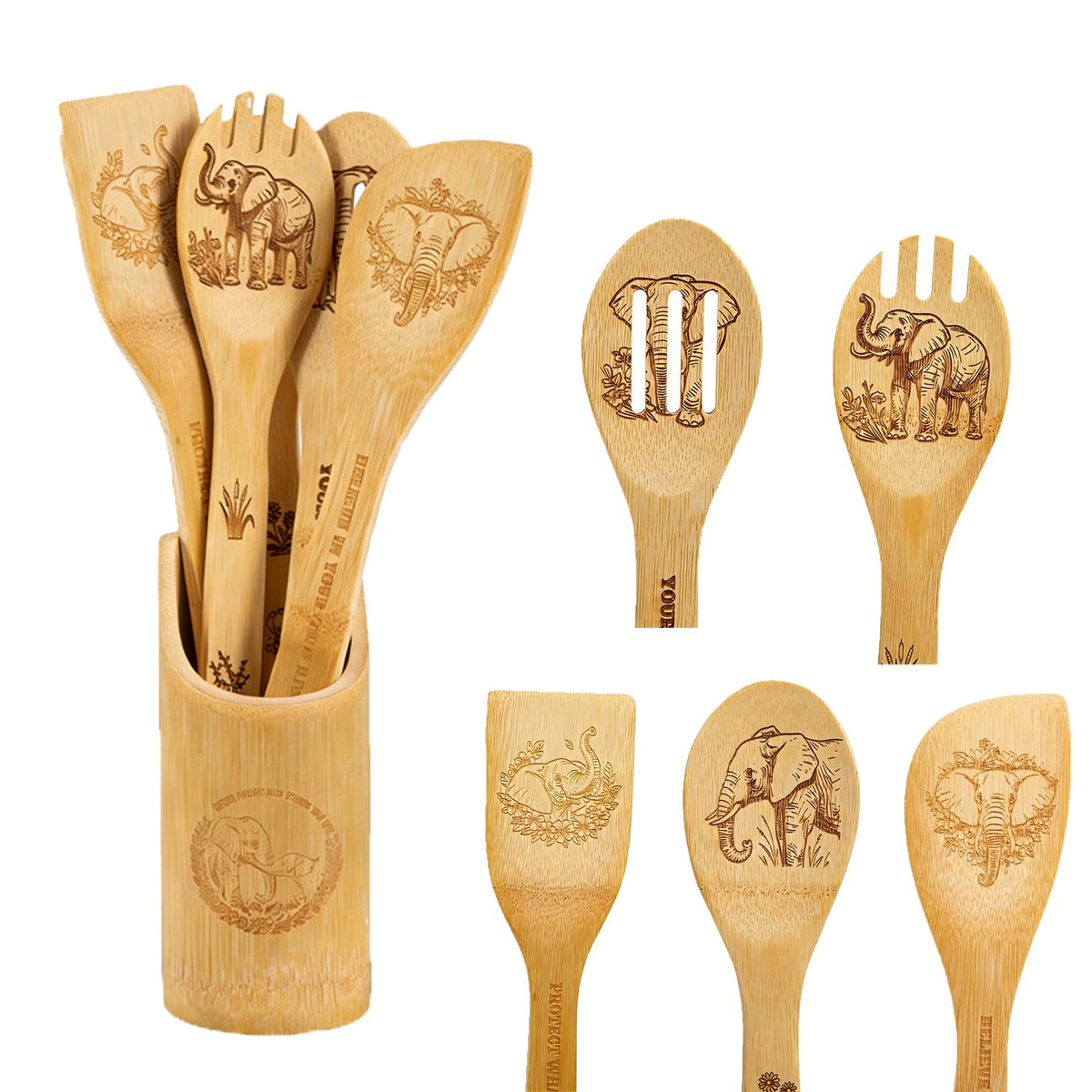 Bamboo Spoons for Cooking as Elephant Gifts for Women, 6 PCs Kitchen Utensils Set with Holder as Elephant Gifts, Wooden Cooking Utensils Set Home Decor, Birthday Housewarming Gifts for Women