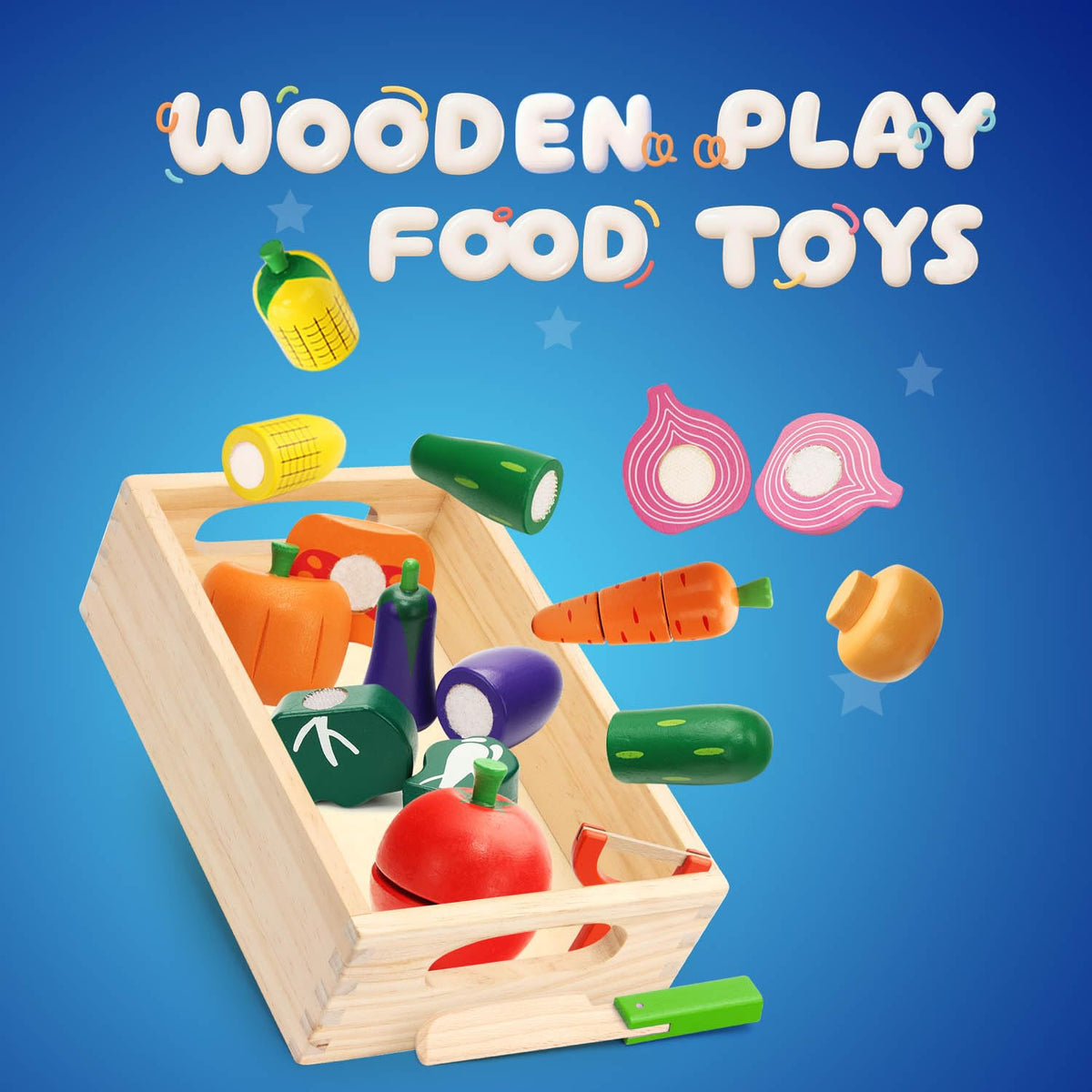 Wooden Play Food Set for Toddlers Toys Pretend Play Kitchen Accessories Veggies Cutting Set for Kids Gift for Boys Girls Montessori Educational Toys