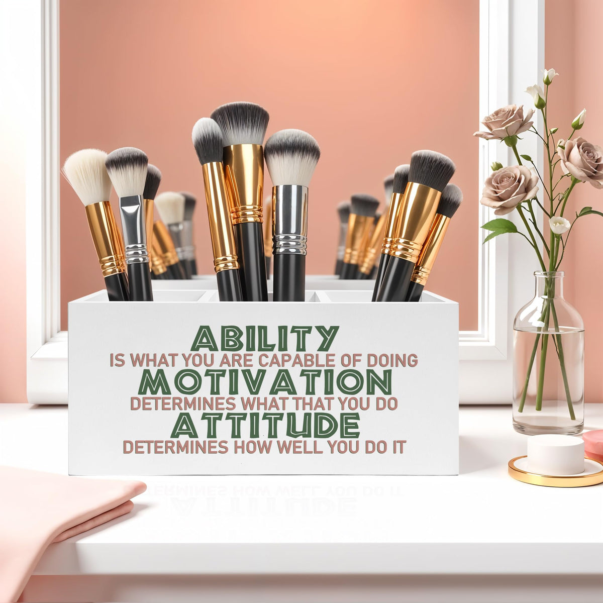 FITIE Motivational Office Pencil Pen Holder for Desk, Ability Motivation Attitude Wooden Pencil Holder Organizer for Home Office Desk Accessories, Encouragement Gifts for Women