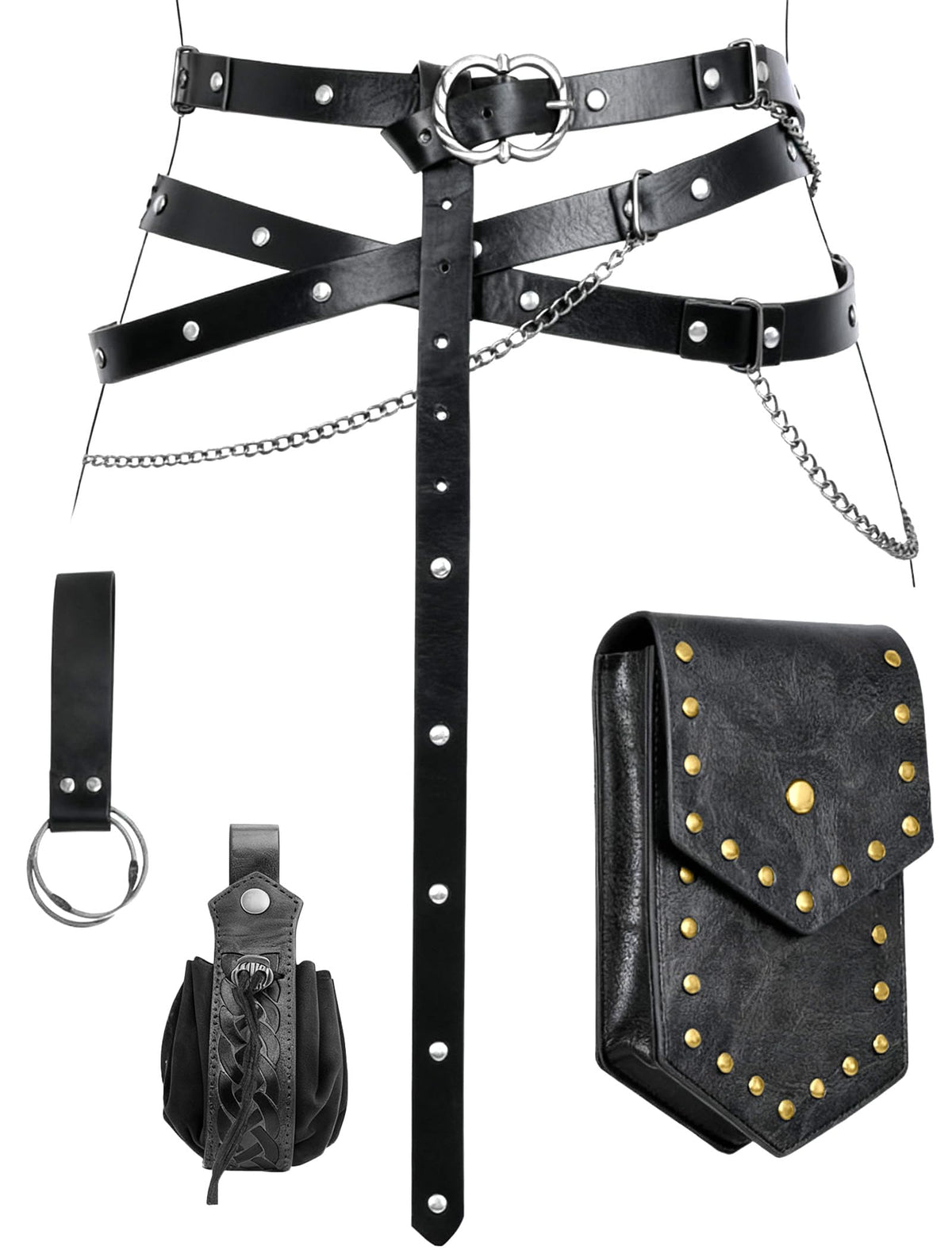 Minhuida Medieval Belt with Renaissance Bag & Detachable Chains, Vintage Faux Leather Waist Pouch Dresses Belt Halloween Cosplay Costume Accessorie (Black)