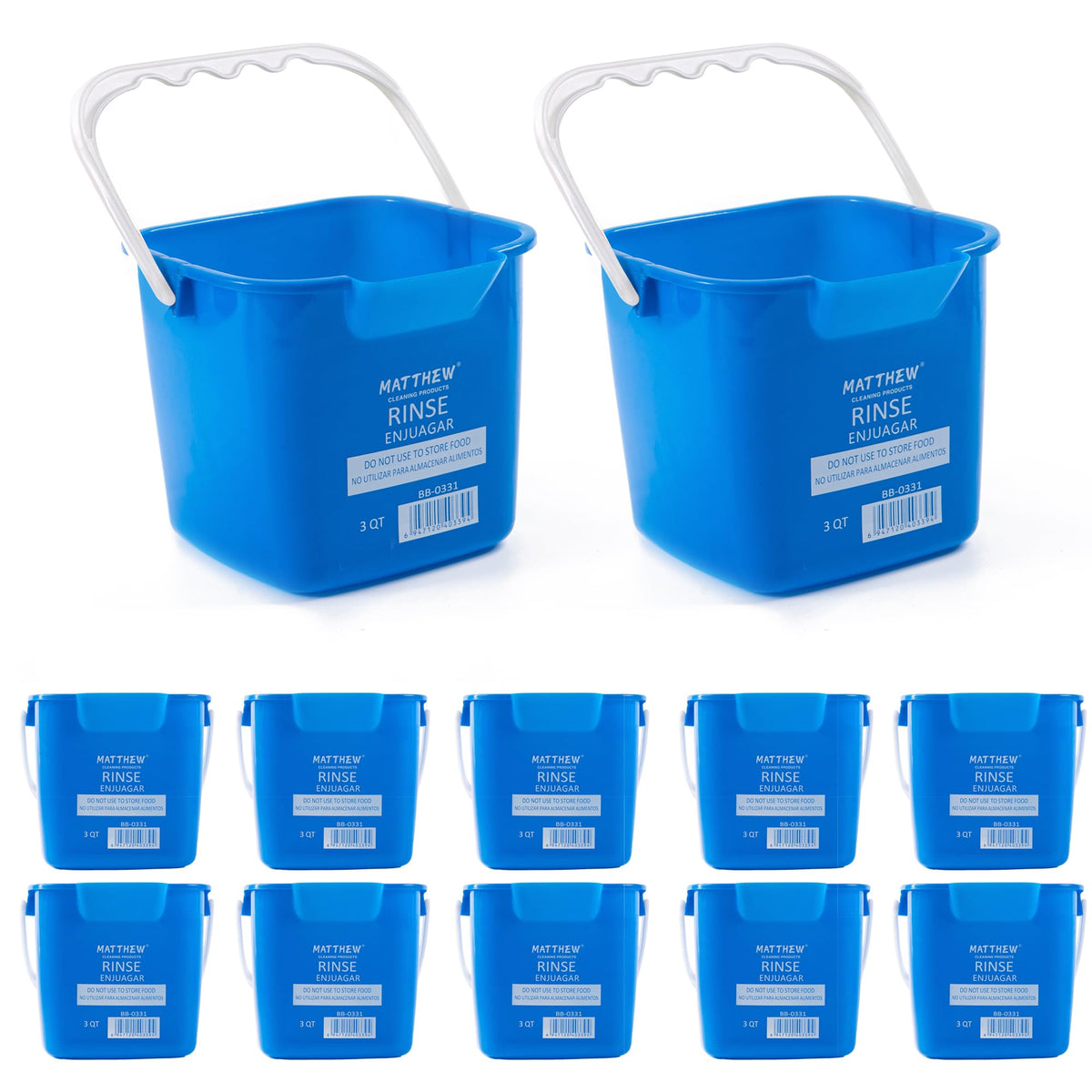 Matthew Detergent&Sanitizing Cleaning Bucket 3 Quart Plastic Pail,Set of 12 Square Containers,Built-in Spout w/Handle,Wash Rinse Sanitize Handwash Bucket for Home Office Commercial Restaurant (Blue)