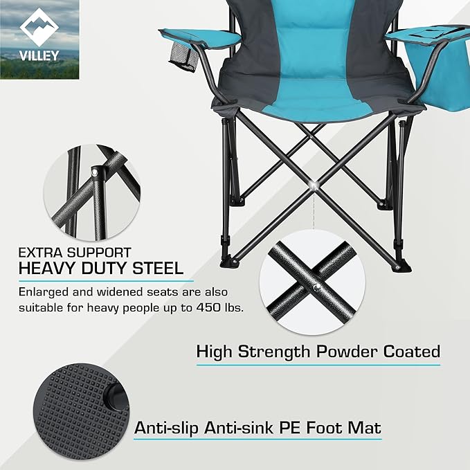VILLEY Camping Chair, Oversized Folding Camp Chair, Portable Outdoor Chairs Support 400 LBS with Padded Seats, Cooler Bag, Cup Holder, Carry Bag, Blue