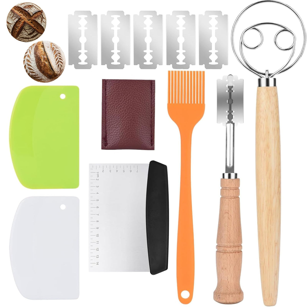 Jierjiaas Danish Dough with Sourdough Scoring Tool-Bread Whisk Set of 6 Pieces-Dough Hook,Dutch Whisk,Bread Lame,Bench Scraper & Pastry Brush Bread Making Tools and Baking Supplies