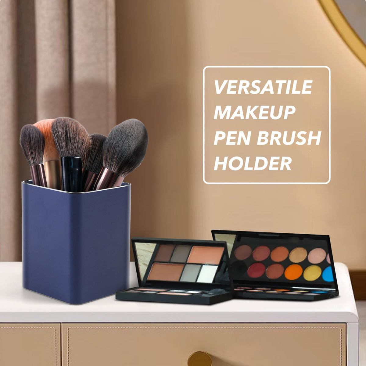 RQB Metal Pen Holder for Desk Square Aluminum Desktop Organizer and Makeup Brush Holder Storage Box for Office, School, Home, and Kids, Non-slip silicone 4×3.15inch (Blue)