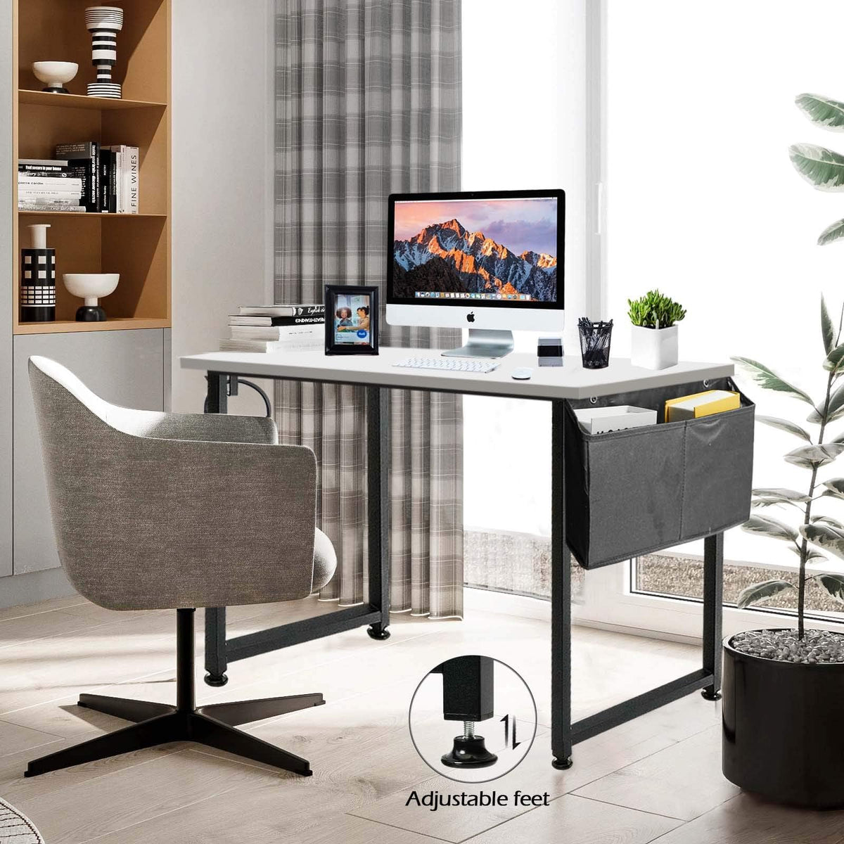 Lufeiya Computer Desk White Writing Table for Small Spaces Home Office 39 Inch Modern Study PC Desk with Storage Bag Hook, White Black