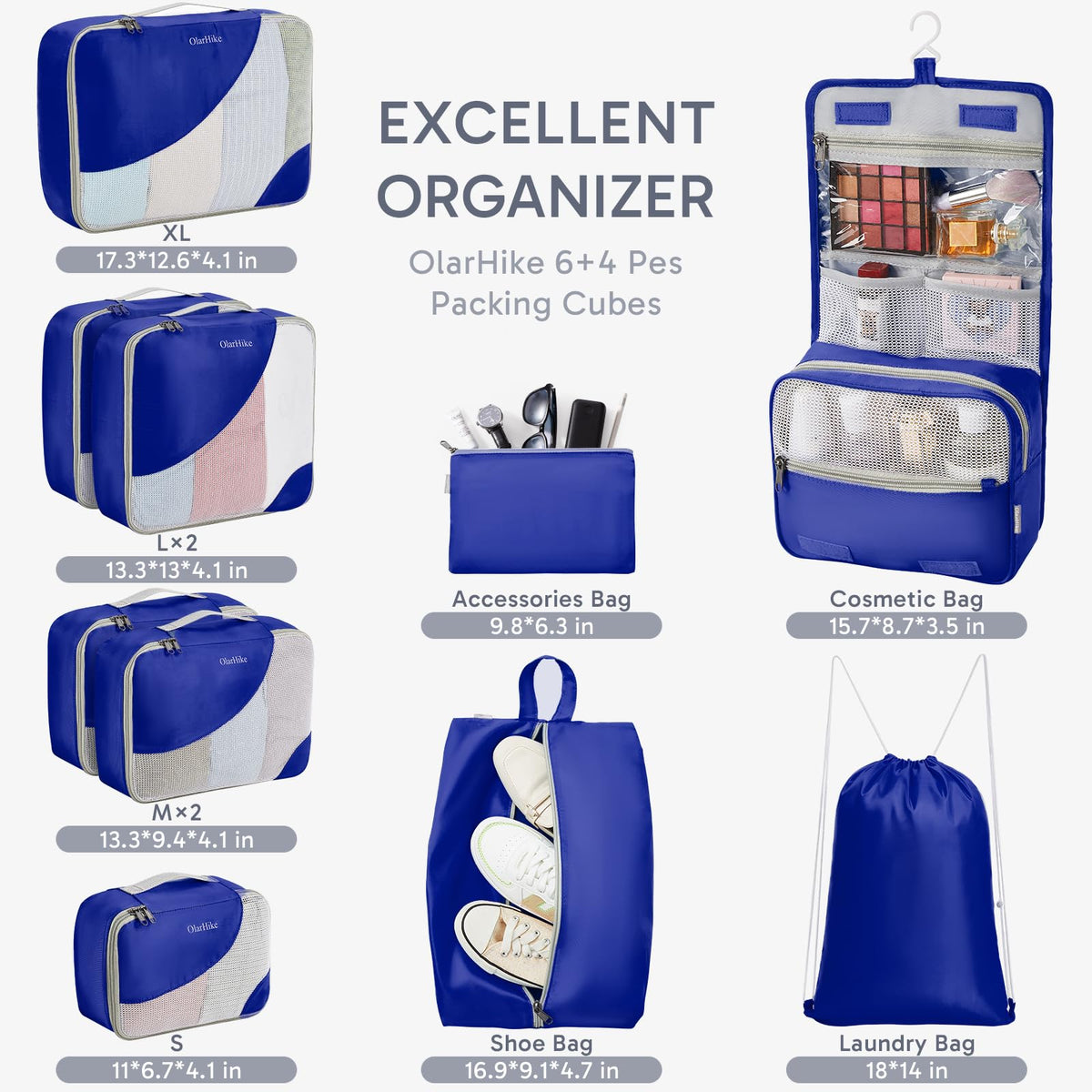 ALL INCLUDED 10 Set Durable Packing Cubes for Suitcases,OlarHike Essentials for Travel, UPGRADED Anti-Tear Stitching, NEW Improved Luggage Packing Organizers for Travel Accessories (Klein Blue)