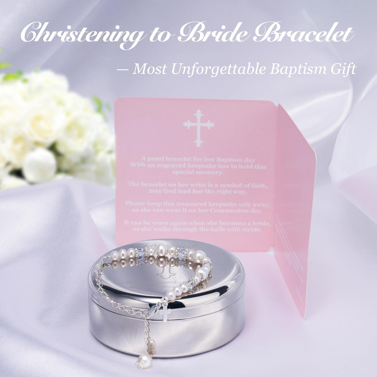 Tryuunion Baptism Bracelet in Sterling Silver and Cultured Pearls for Baby Girls, with Silver-plated Jewelry Keepsake Box, Great Catholic Christening and Baptism Gifts for Girl