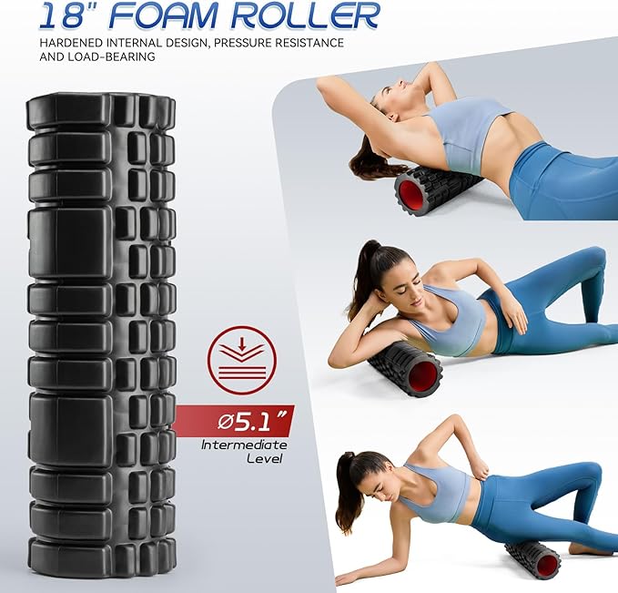 Foam Roller High Density Foam Roller Set for Deep Tissue Muscle Massage, 18" Trigger Point Fitness Exercise Massage Roller, Self-Myofascial Release for Whole Body (Black-18(2 in 1))