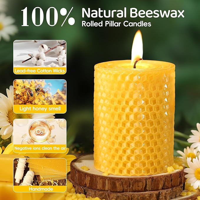 6 Pack Natural Beeswax Pillar Candles,2.8x4in Handmade Beeswax Rolled Candles,192 Hours Long Burning Honeycomb Bees Wax Candle for Gift & Home Decor,Dripless Smokeless Unscented