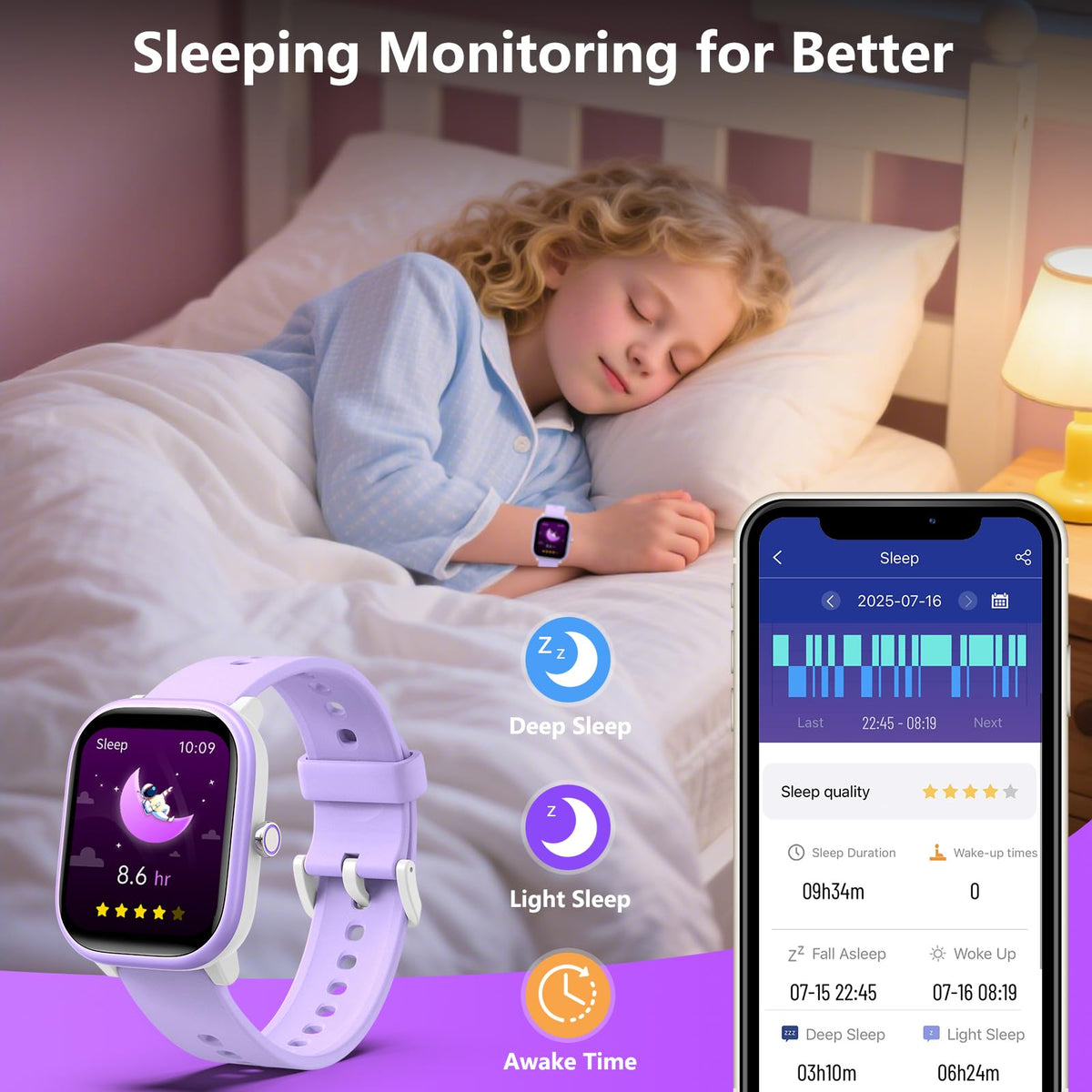 Kids Wach for Girls Boys 6-15 Year Old - Smart Watch for Kids 1.8" Fitness Tracker,No Phone needed,Pedometer Sleep Monitor Heart Rate Waterproof,Puzzle Game for Girls Boys Teens Birthday Gift (Purple)