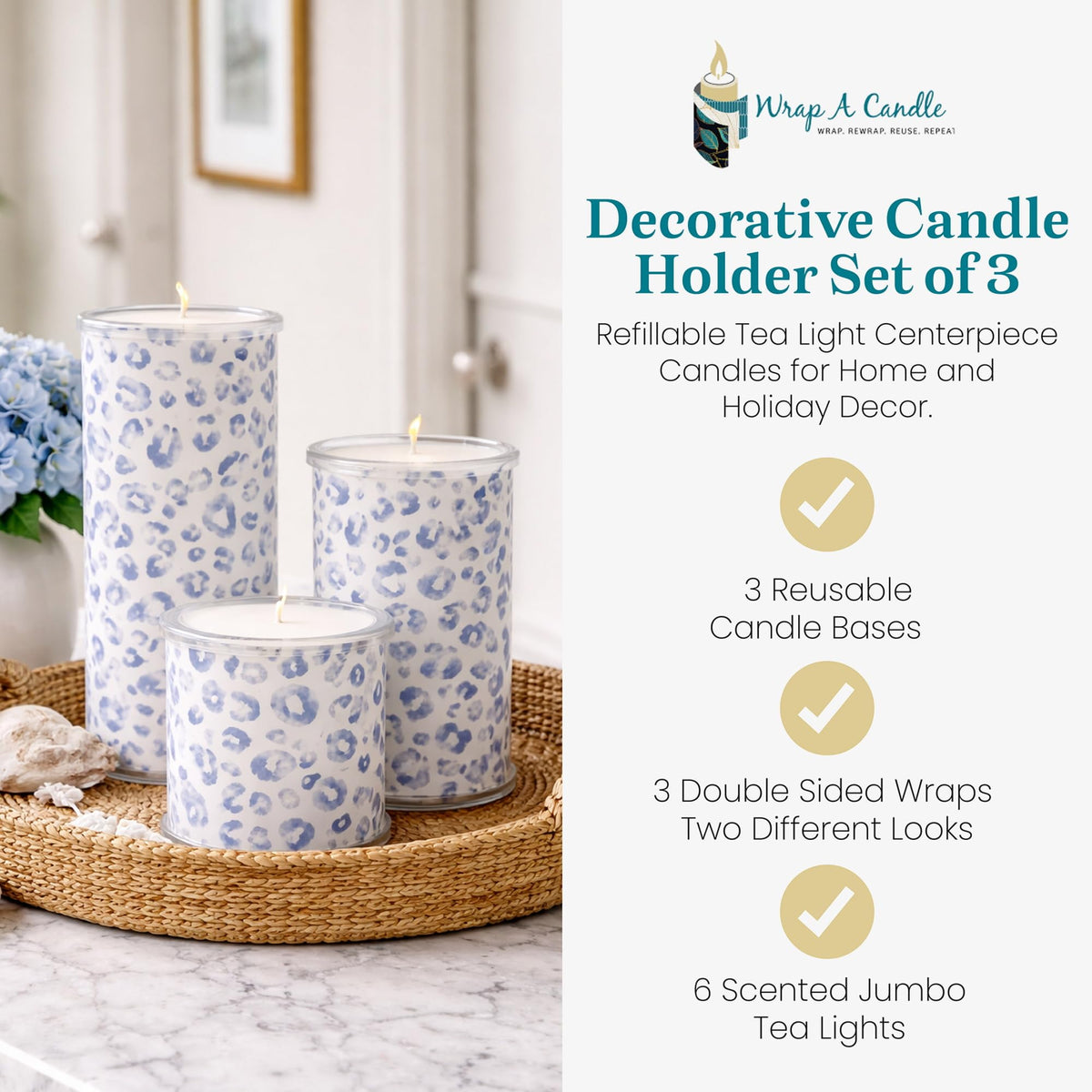 Decorative Candle Holder Set of 3 Home Decor, Reusable Interchangeable Pillar Candle System Decorative Wraps, Refillable Tea Light Centerpiece Candles for Holiday Decor, Table Styling & Gift Giving