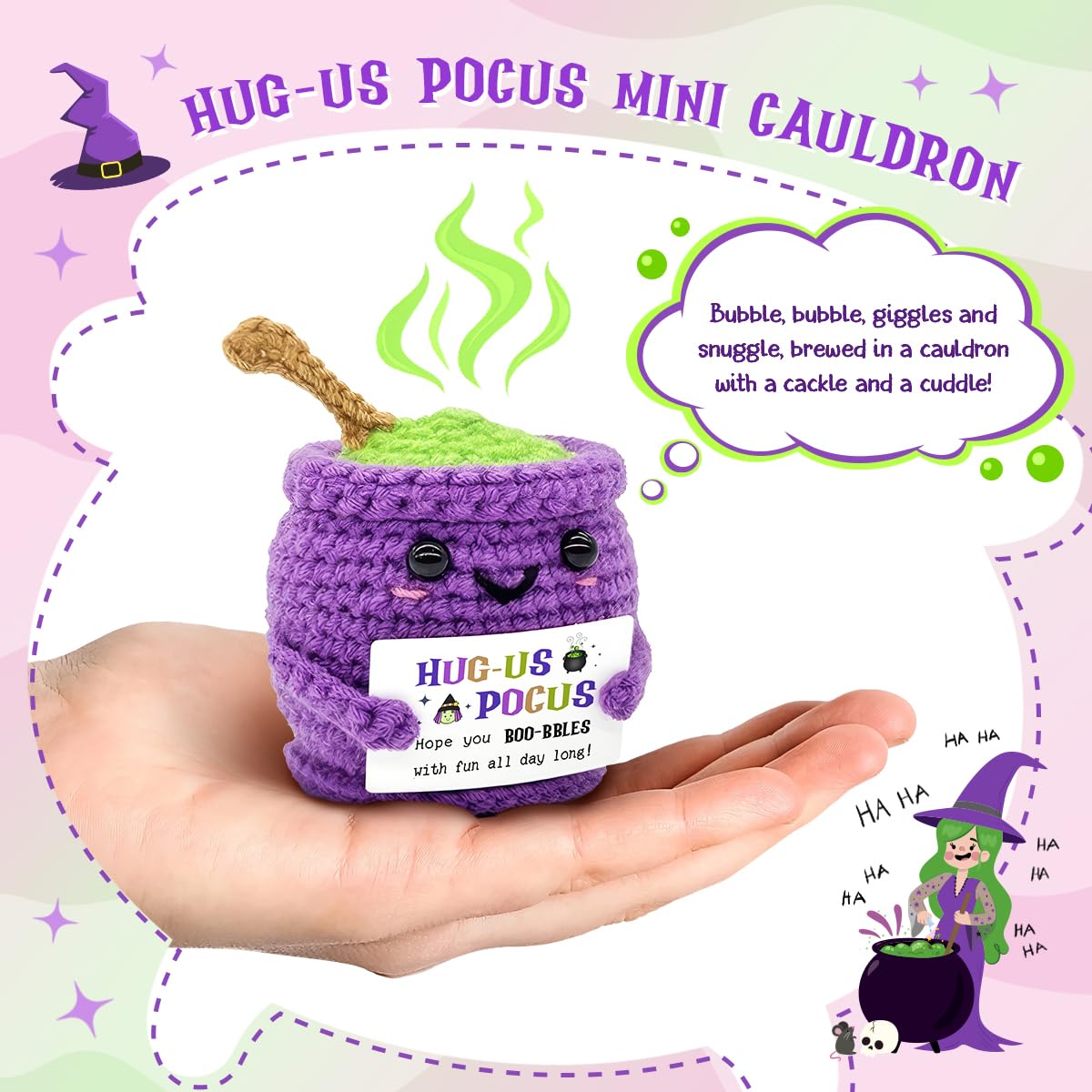 Veryhomy Halloween Positive Cauldron Pot Crochet – Emotional Insprirational Support Gifts for Women Men - Cheer Birthday Gifts for Friends Sister Dad Mom Coworker – Halloween Party Decor Crochet Gift