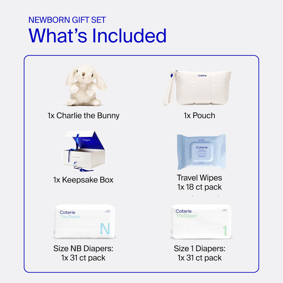 Coterie The Newborn Gift Set, Size Newborn Diapers (31 Count) & Size 1 (33 Count), 1 Travel Size Pack Baby Wipes (18 Count), Plant Based Materials, Hypoallergenic for Sensitive Skin, Baby Essentials