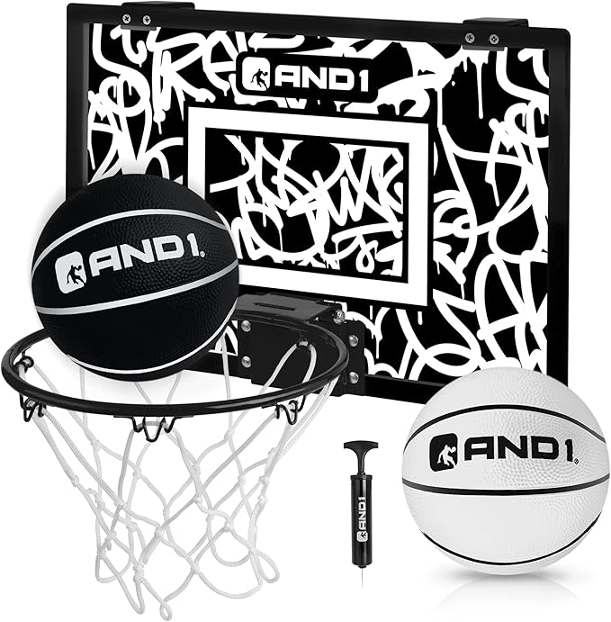 AND1 Over the Door Mini Basketball Hoop: 18x12 Shatterproof Backboard, 2 Mini Basketballs, and Hand Pump Included- Ultimate Indoor Basketball Accessory for Kids and Adults, No Tools Required