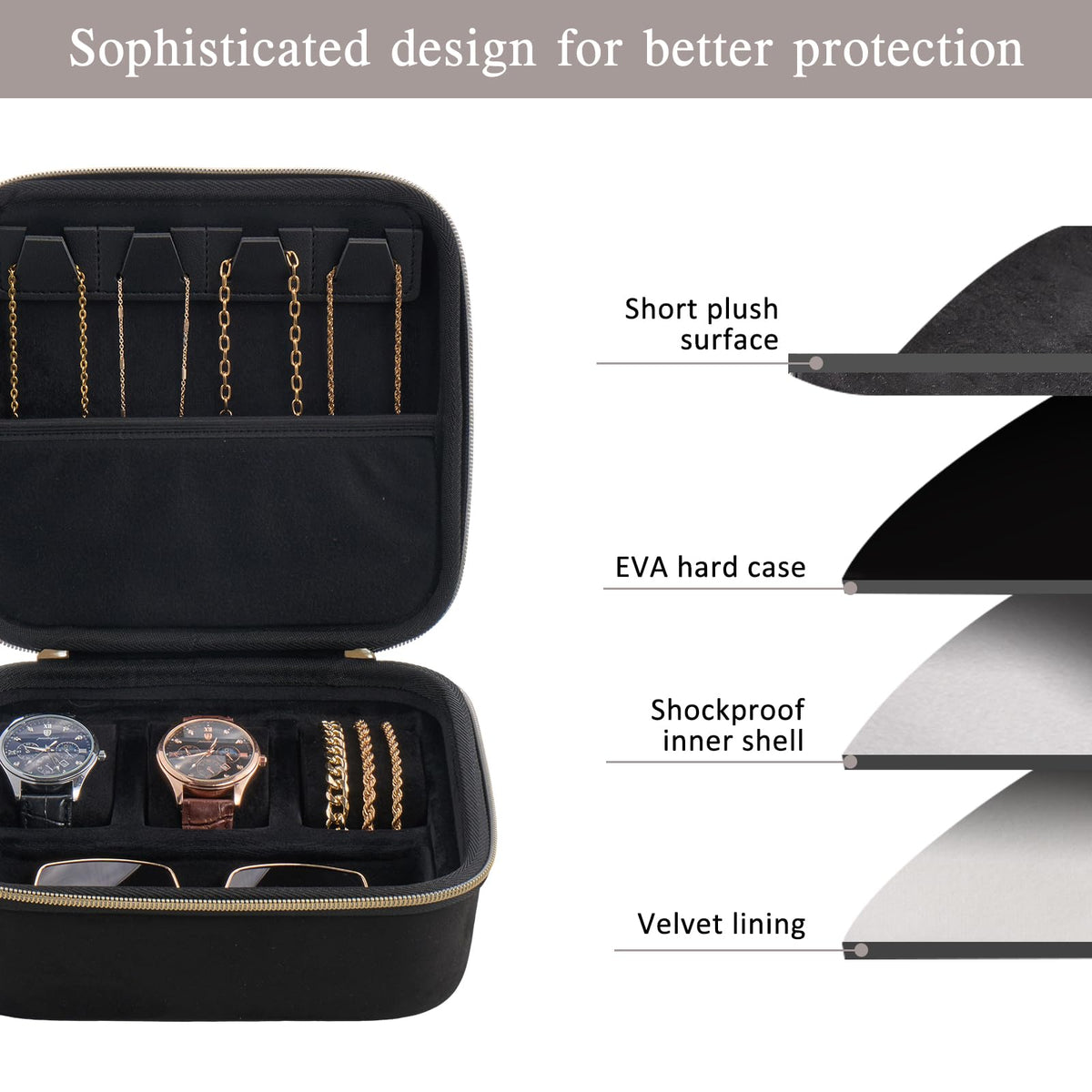 ProCase Mens Small Jewelry Storage Case, 3 Slots Travel Watch Accessories Carrying Box, Glasses Necklaces Rings Bracelets Zippered Organizer Bag for Male -Black