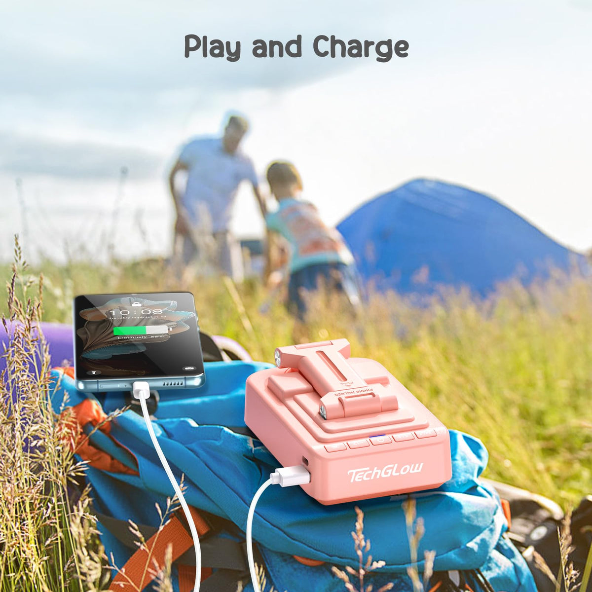 TechGlow Gifts for Men Women Foldable Cellphone Stand with Bluetooth Speaker and Charging Function 360° Rotatable Phone Stand Birthday Gift Idea for Mom Dad Cool Tech Gifts-Pink