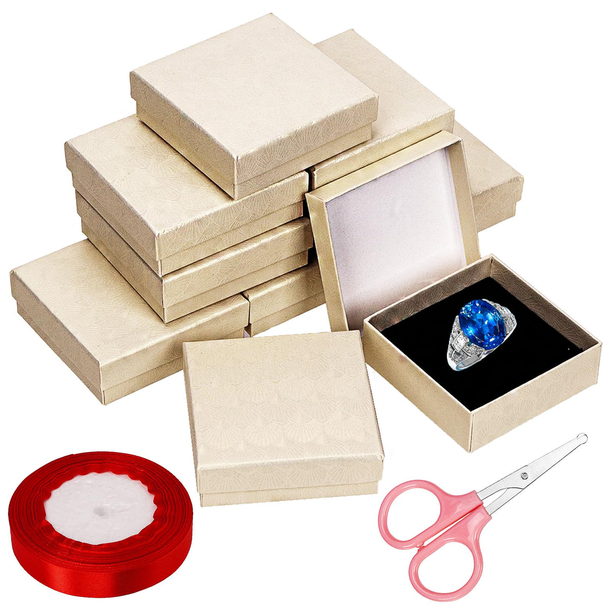 Glarks 12Pcs 3.5x3.5x1 Inch Beige Cardboard Paper Jewelry Gift Boxes with Scissors and Ribbon Set, Bracelets Bangle Necklace Earring Gift Case for Birthday Wedding Jewelry Storage Packaging Display