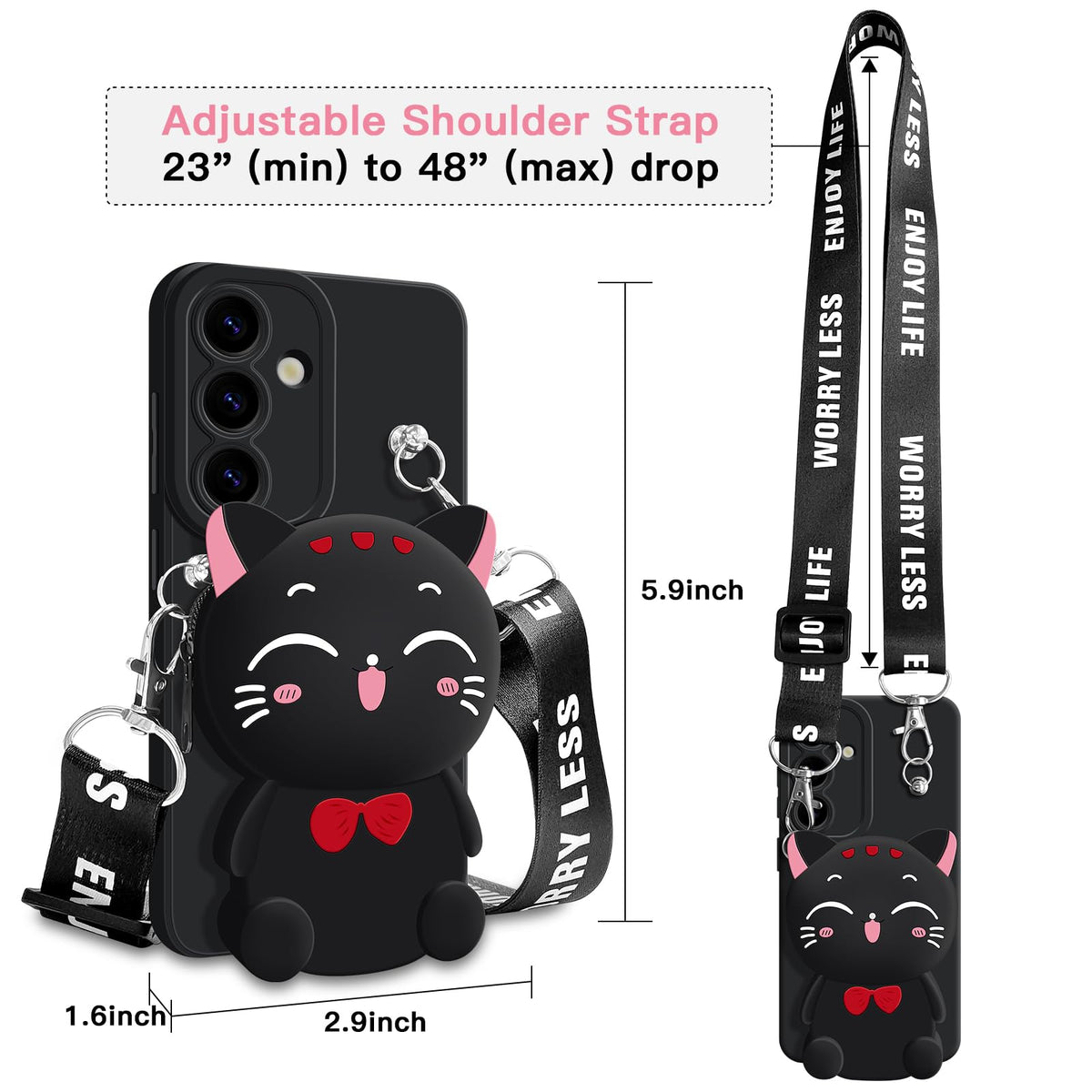 SGVAHY for Samsung Galaxy S25 Plus Case, Cute Black Lucky Cat Coin Purse Fancy Phone Case for Women Girls with Crossbody Strap Kawaii Soft Silicone Cover for Galaxy S25 Plus