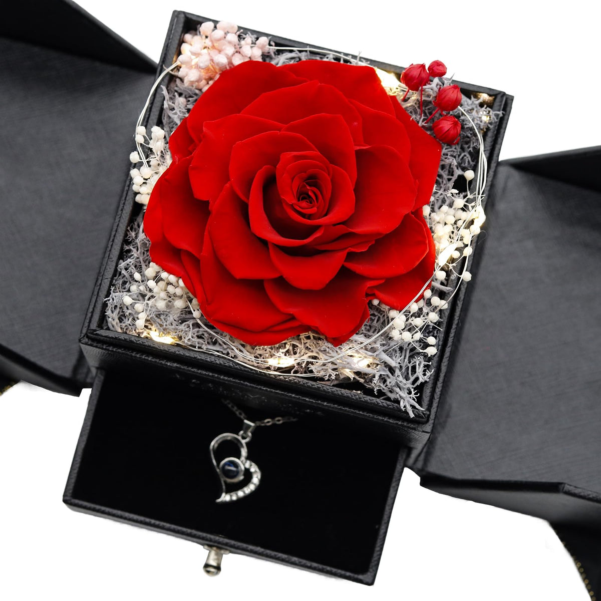 Preserved Real Rose with Heart I Love You Necklaces for Women in 100 Languages - Eternal Red Flowers Gifts for her Romantic Gift Set for Girlfriend Birthday Anniversary on Valentines Mothers Day