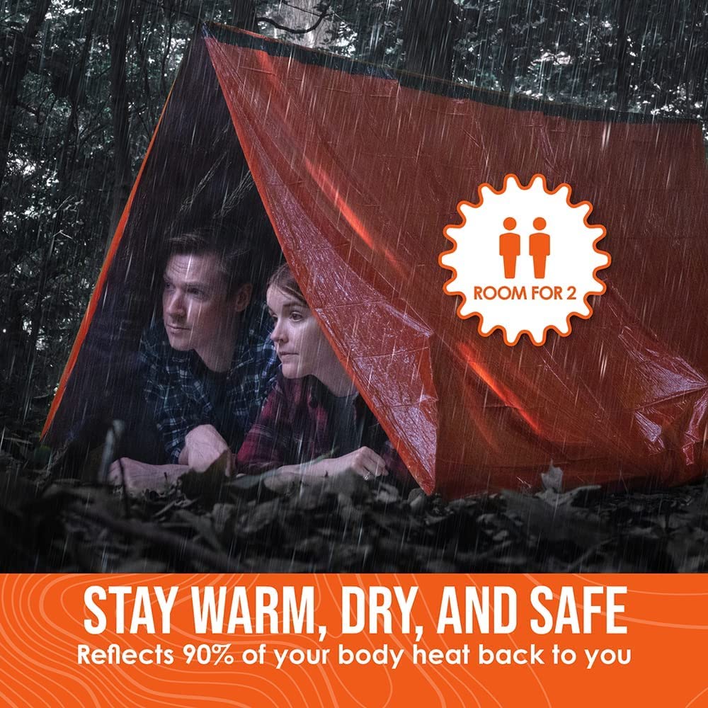Go Time Gear Ultralight Mylar Survival Tent - Go Bag Emergency Tent & Survival Gear - Thermal Blanket Insulation for Winter Camping Gear & Emergency Supplies - Orange, Pack of 1, 2 Person