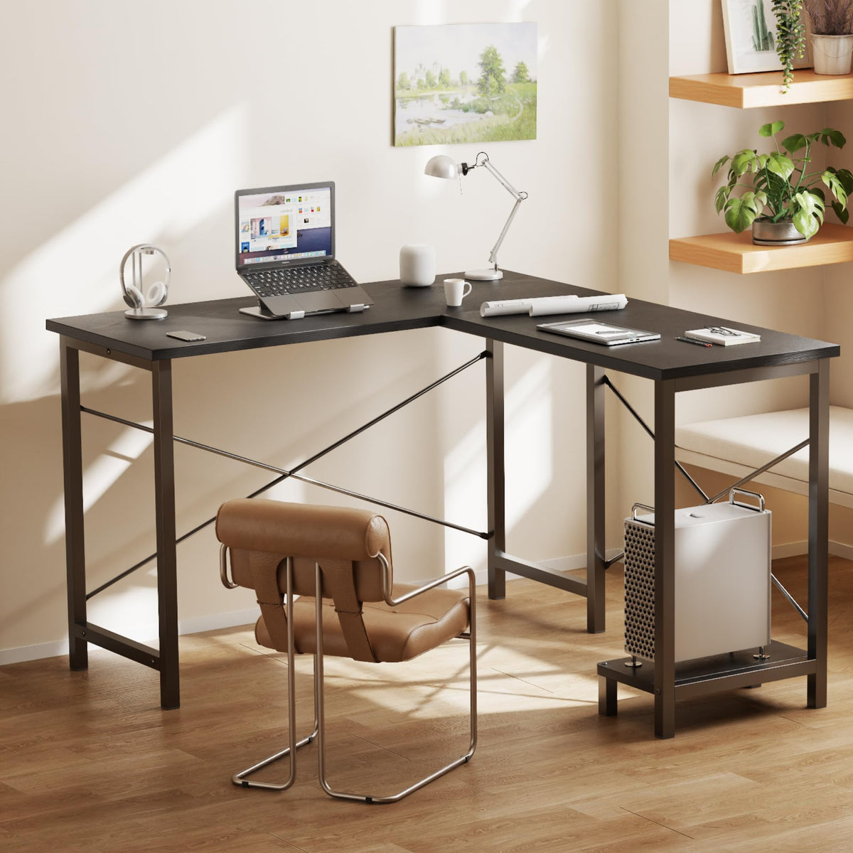 DUMOS L Shaped Desk, Computer Gaming Desks Corner Office Table with CPU Shelf for Home Study Writing Work Station 50 Inch, Black