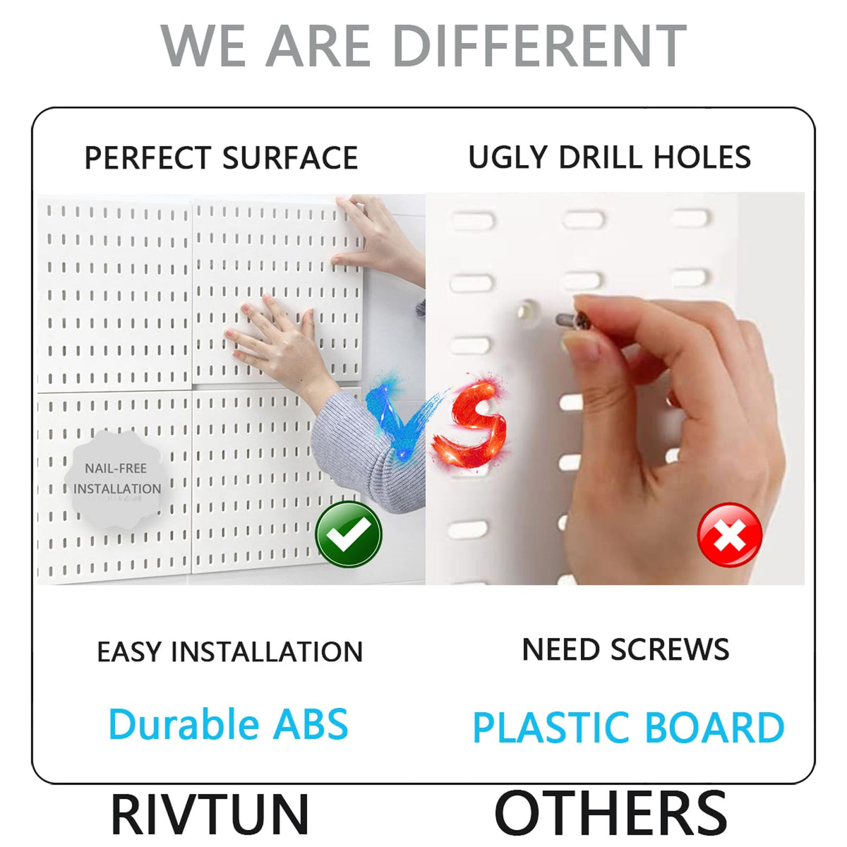 RIVTUN Pegboard Combination Kit for Wall Organizer, Wall Mounted Peg Board Kits for Kitchen, Bedroom, Office, &Bathroom, 4 Pieces Black Pegboards and 14 Accessories, 22" x 22"