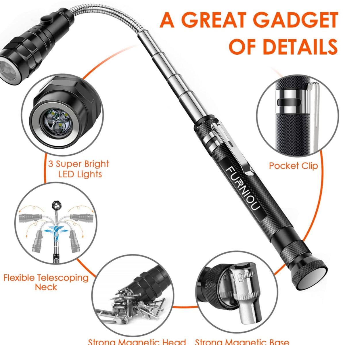 FURNIOU Gifts for Men, LED Magnetic Pickup Tool, Stocking Stuffers For Adults,Birthday Gifts for Men, Extendable Magnetic Flashlight, Mens Gifts for Women Husband Grandpa Him,Cool Gadgets