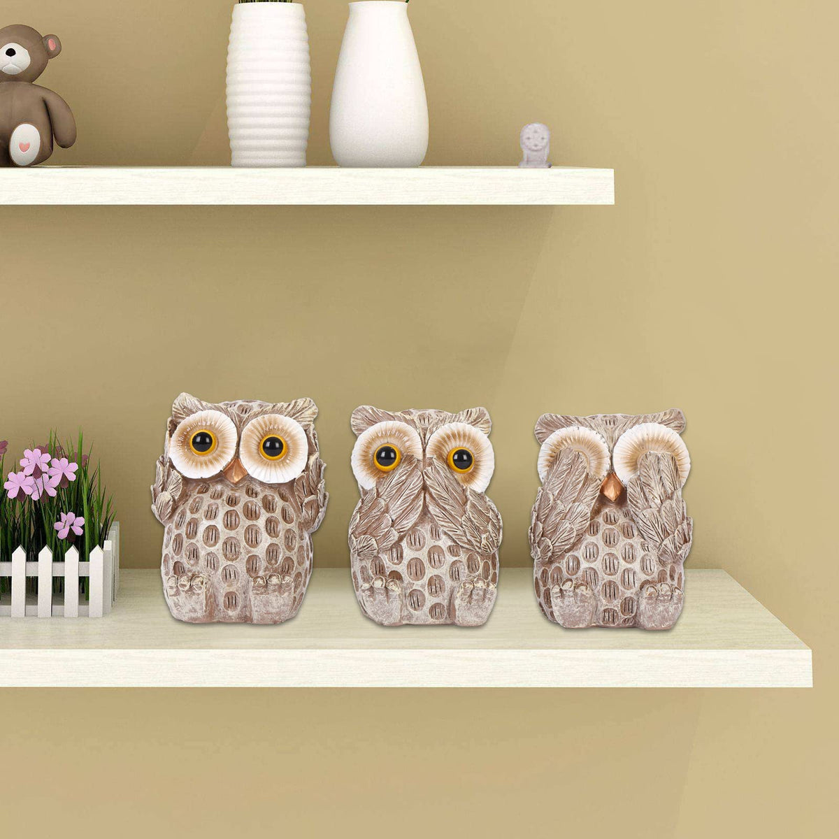 FriyGardcn Set of 3 Owl Statues Home Décor, Cute Owl Figurines for Shelf, Living Room Bedroom Office Desktop, Bookshelf, Animal Sculptures Gifts,Small Decor Accents Items for Birds Lovers